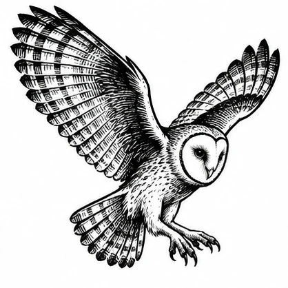 Flying barn owl tattoo concept