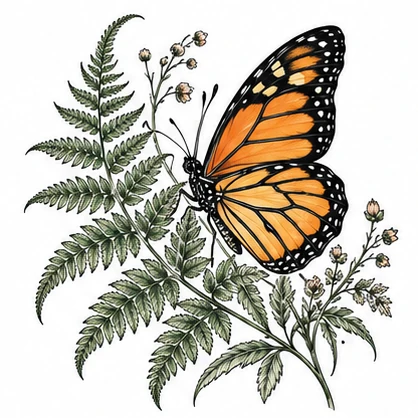 Monarch butterfly and fern tattoo concept
