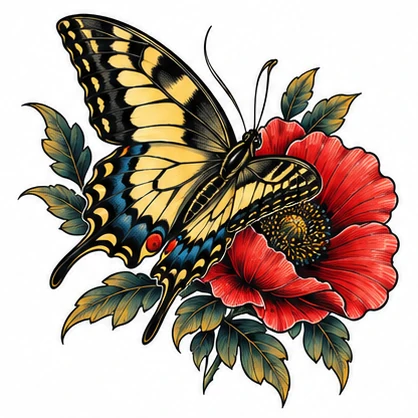 Swallowtail and poppy tattoo concept