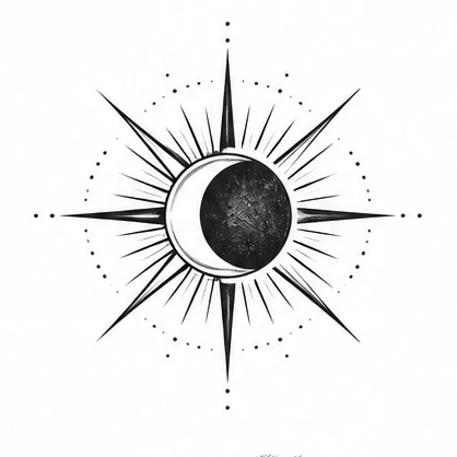 Sun rays around a moon tattoo concept