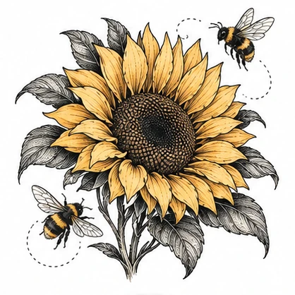 Sunflower with bees tattoo concept