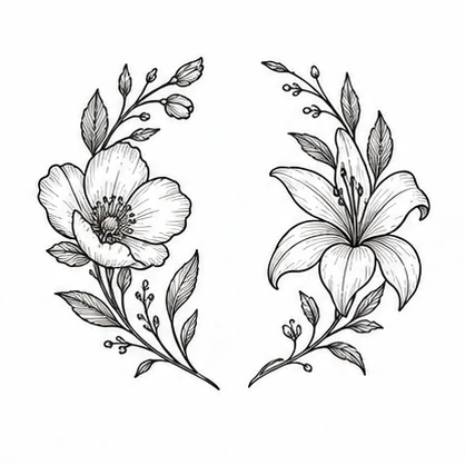 Two halves of a botanical circle tattoo concept