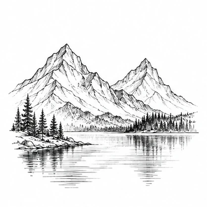 Two mountain peaks and a lake tattoo concept