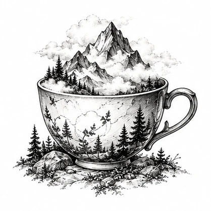 Mountain emerging from a teacup tattoo concept