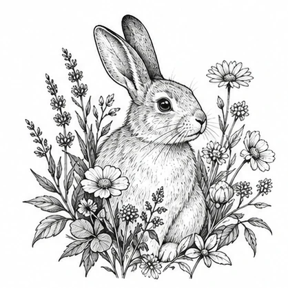 Rabbit with wildflowers tattoo concept
