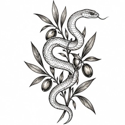 Snake curling through olive leaves tattoo concept