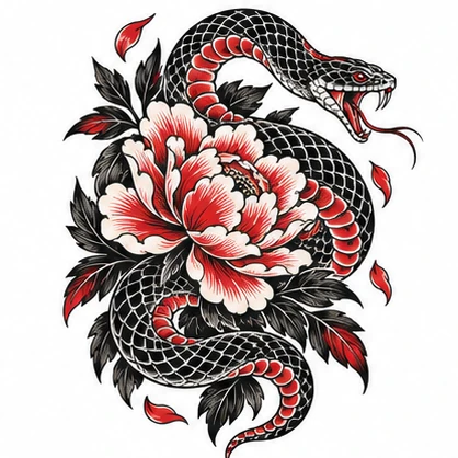 Coiled snake with a peony tattoo concept