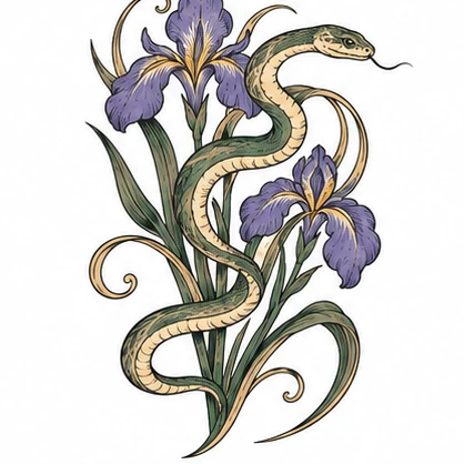 Snake around an iris stem tattoo concept