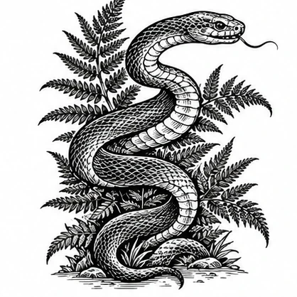 Carved snake and fern tattoo concept