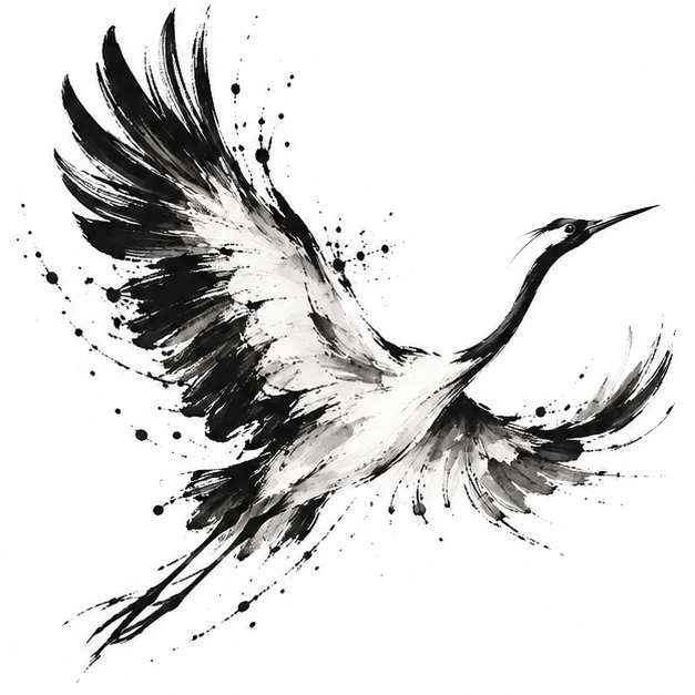 Flying crane in Abstract Brushstroke tattoo style