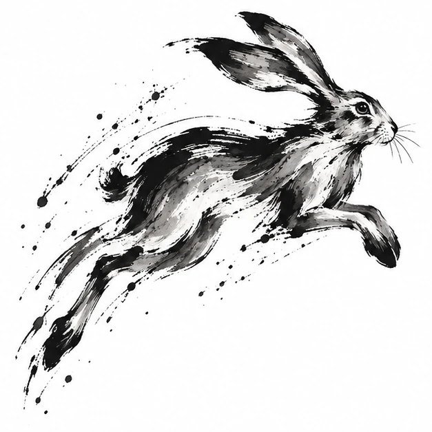 Leaping hare in Abstract Brushstroke tattoo style
