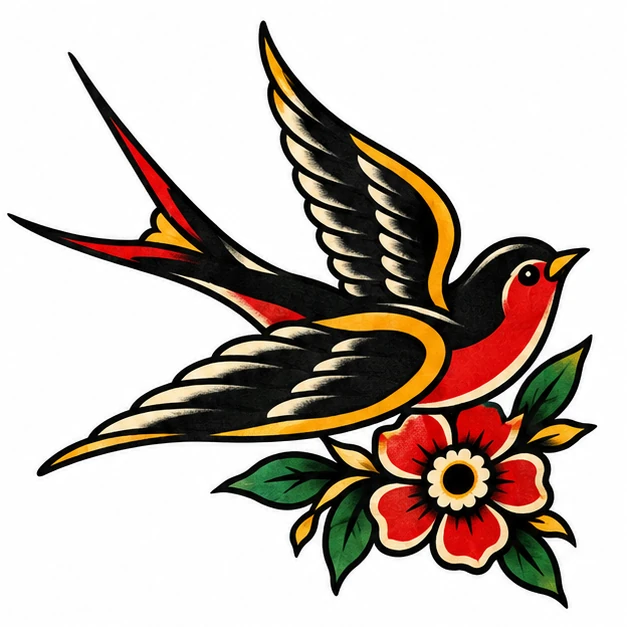 Swallow and blossom in American Traditional tattoo style