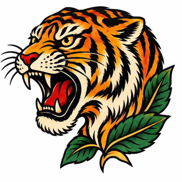 Tiger and leaf in American Traditional tattoo style
