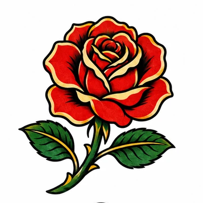 A single rose rendered in American Traditional tattoo style