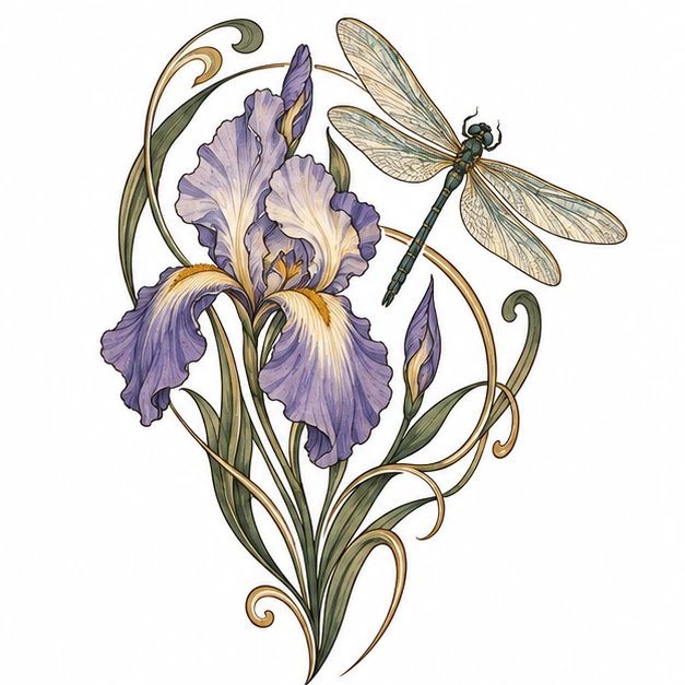 Iris and dragonfly in Art Nouveau tattoo style