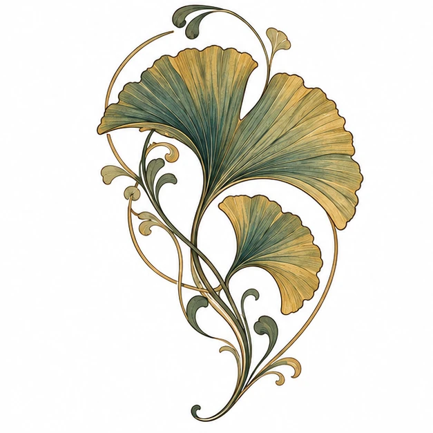 Ginkgo fan in Art Nouveau tattoo style
