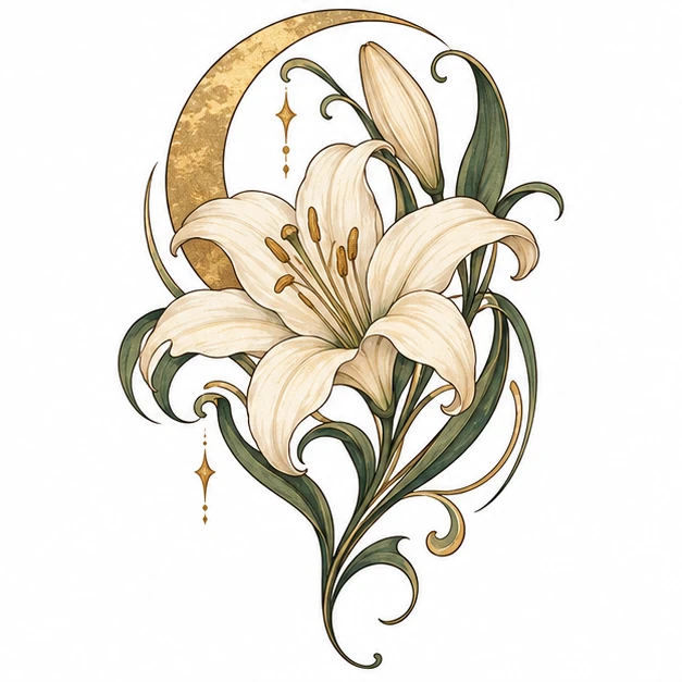 Lily and crescent in Art Nouveau tattoo style