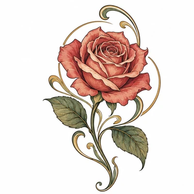 A single rose rendered in Art Nouveau tattoo style