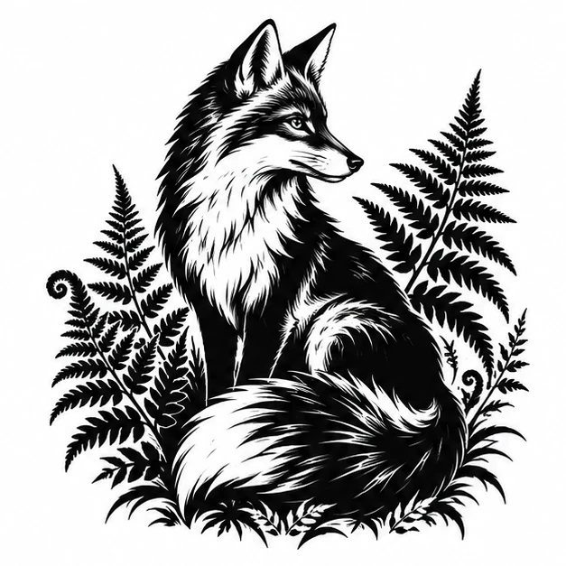 Fox with ferns in Blackwork tattoo style