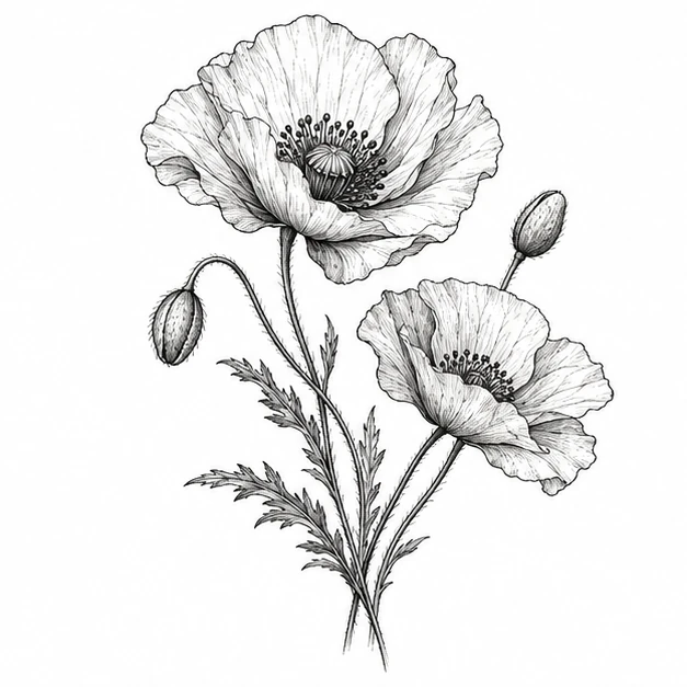 Wild poppies in Botanical tattoo style