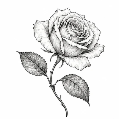 A single rose rendered in Botanical tattoo style