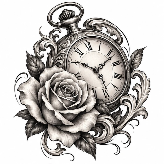 Rose and clock in Chicano tattoo style