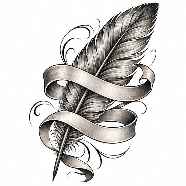 Feather and ribbon in Chicano tattoo style
