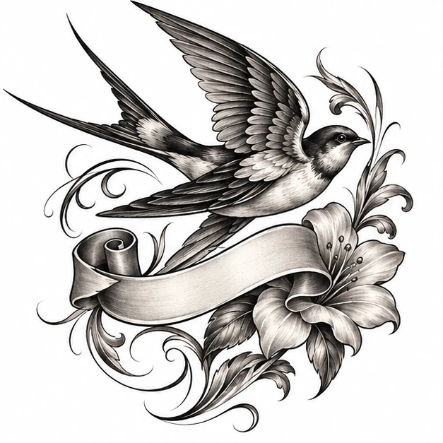 Swallow and scroll in Chicano tattoo style