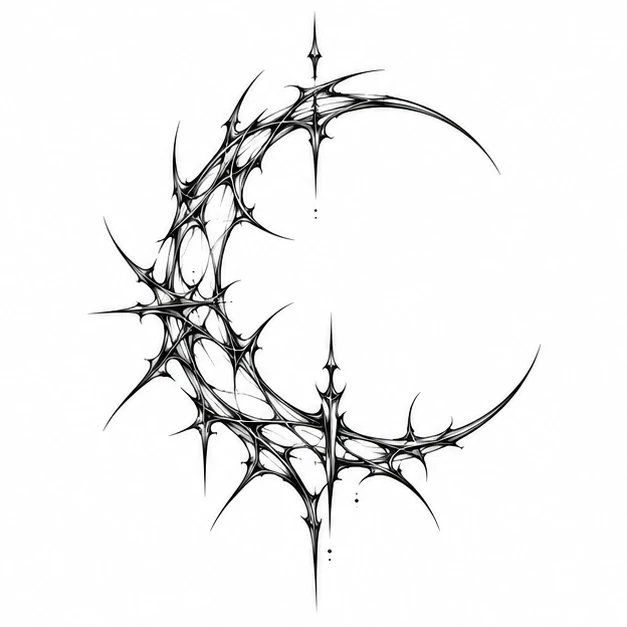 Thorned crescent in Cyber Sigilism tattoo style