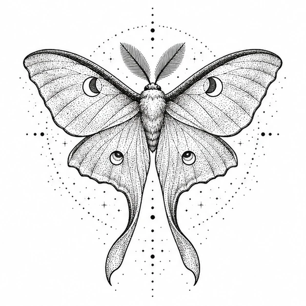 Luna moth in Dotwork tattoo style