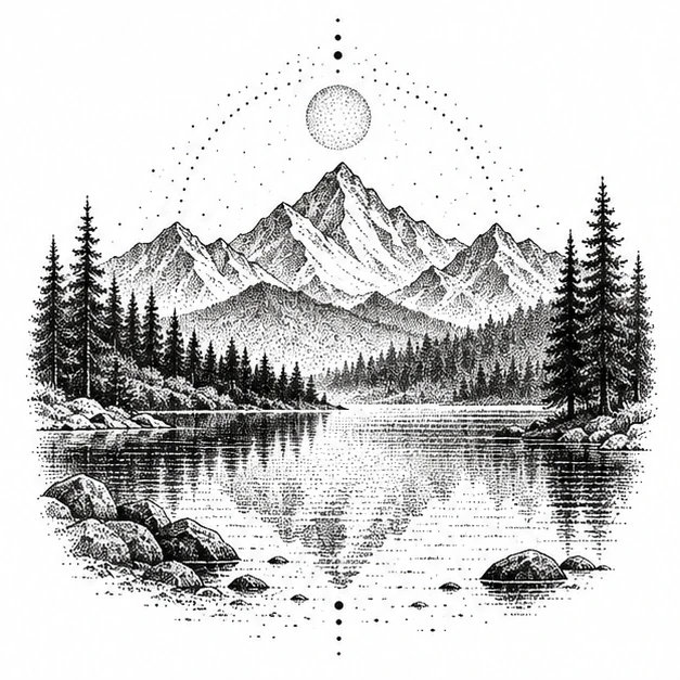 Mountain lake in Dotwork tattoo style