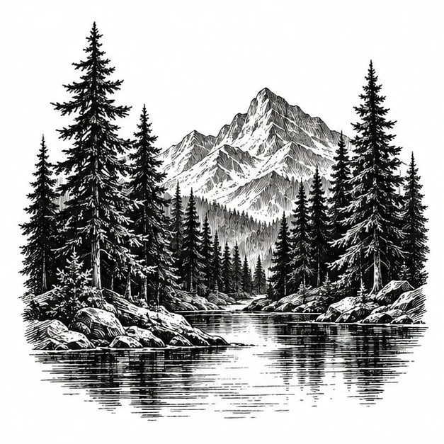 Pine forest in Engraving / Woodcut tattoo style