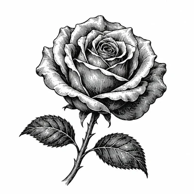 A single rose rendered in Engraving / Woodcut tattoo style