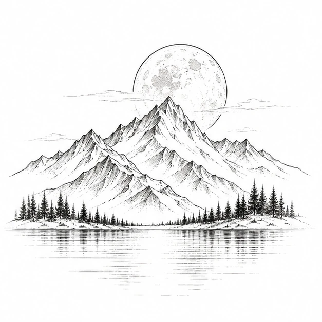 Mountain and moon in Fine Line tattoo style