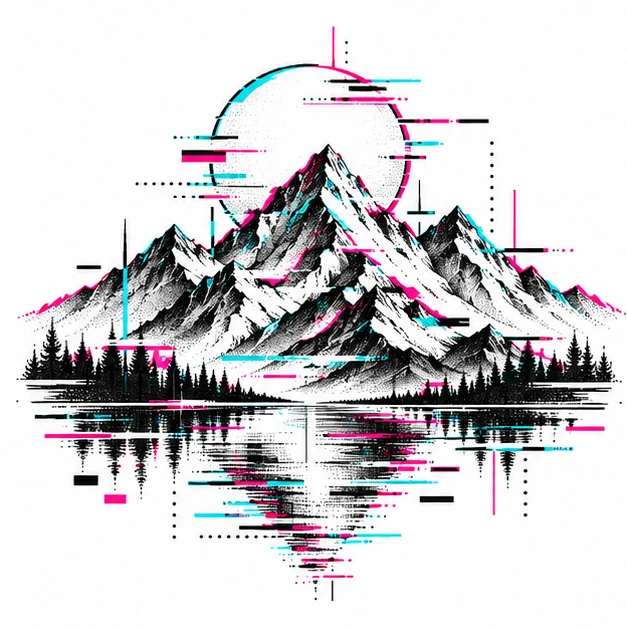 Mountain horizon in Glitch tattoo style
