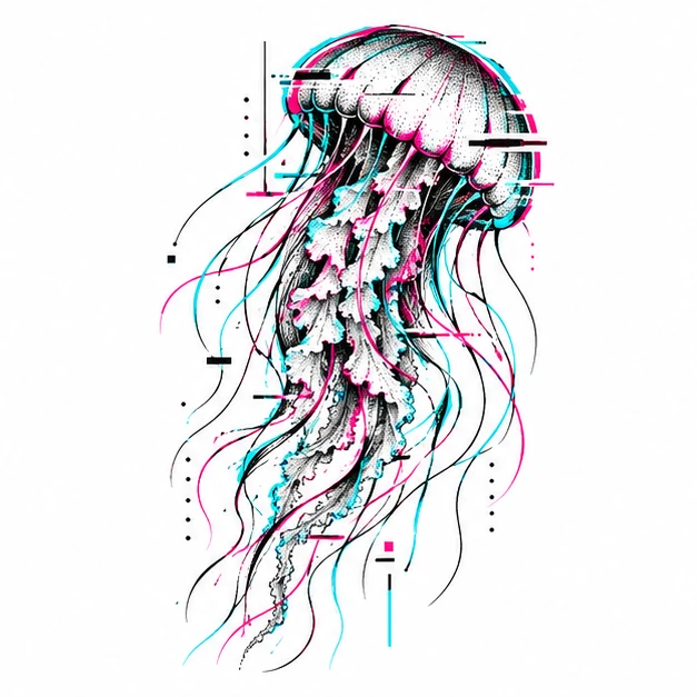 Jellyfish in Glitch tattoo style