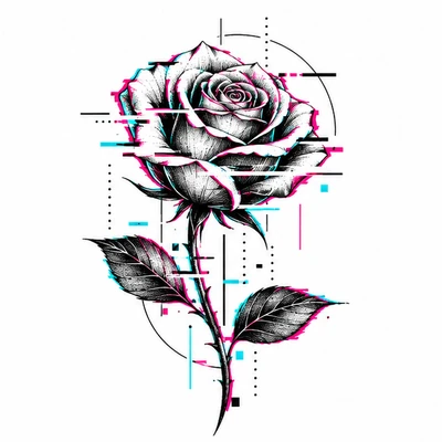 A single rose rendered in Glitch tattoo style