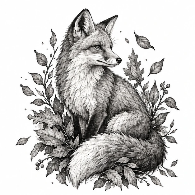 Fox in leaves in Illustrative tattoo style