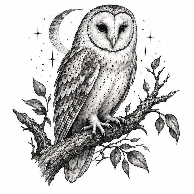 Owl on branch in Illustrative tattoo style