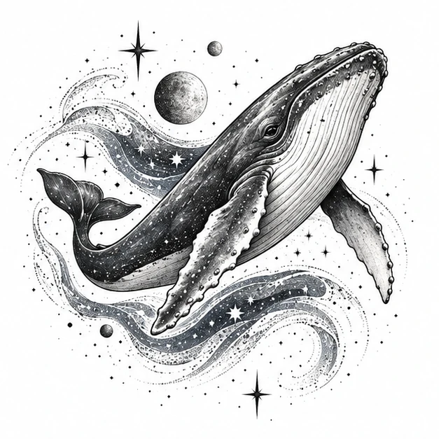 Whale and stars in Illustrative tattoo style