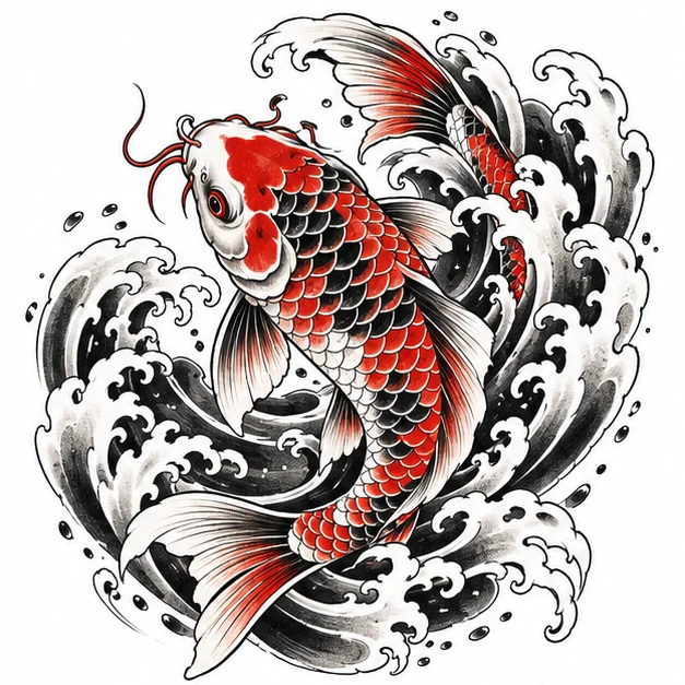 Koi and waves in Japanese tattoo style