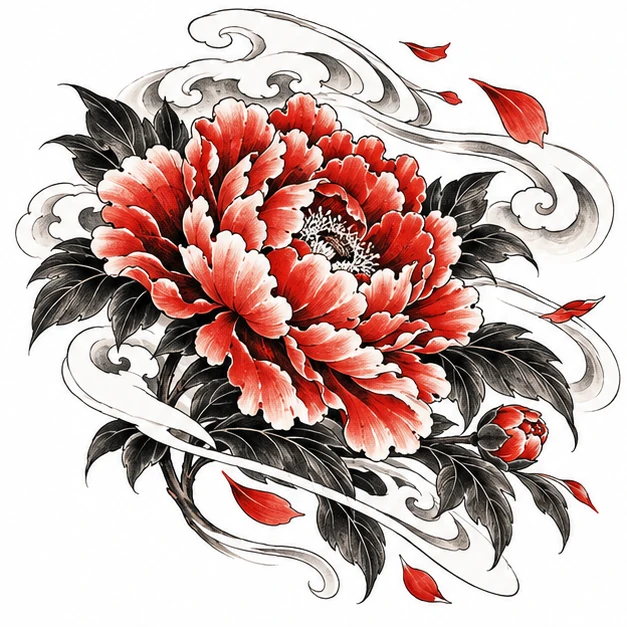 Peony and wind in Japanese tattoo style