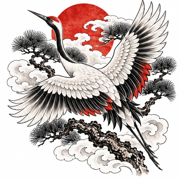 Crane and pine in Japanese tattoo style