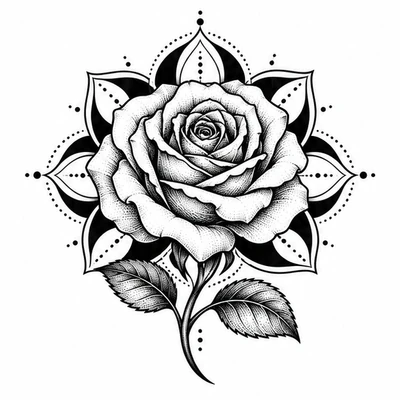A single rose rendered in Mandala tattoo style