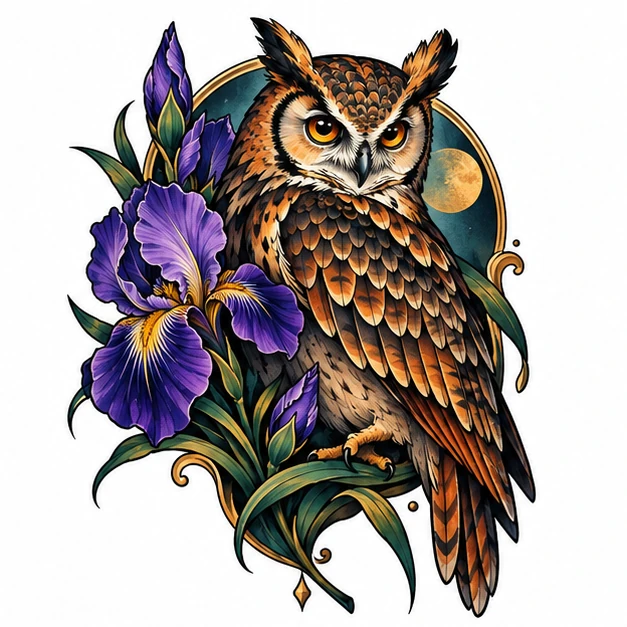 Owl and iris in Neo Traditional tattoo style
