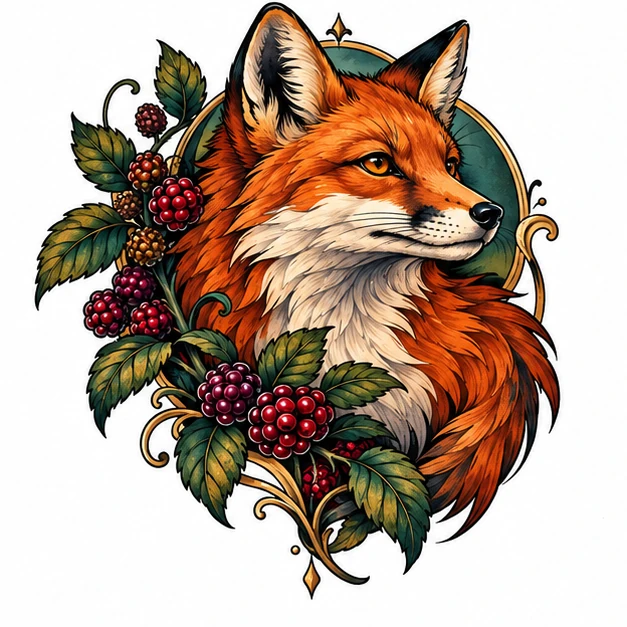 Fox and berries in Neo Traditional tattoo style