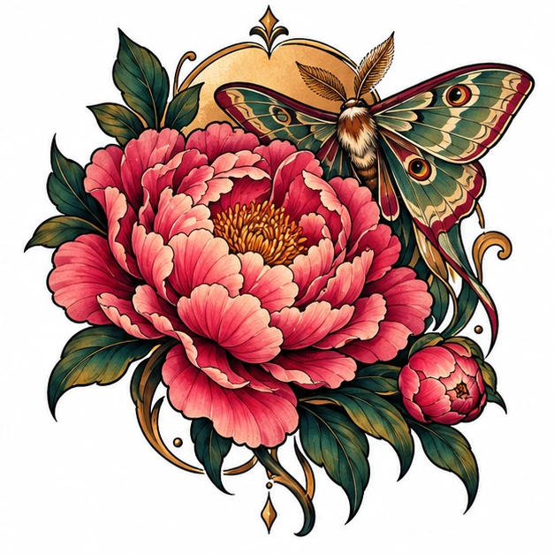 Peony and moth in Neo Traditional tattoo style