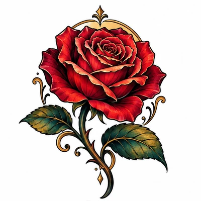 A single rose rendered in Neo Traditional tattoo style