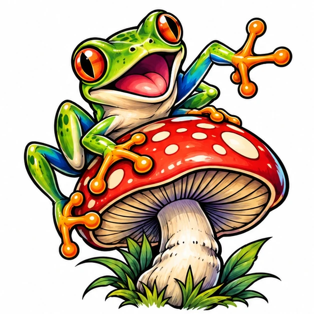 Frog and mushroom in New School tattoo style