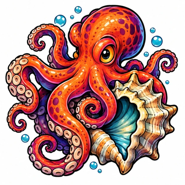 Octopus and shell in New School tattoo style
